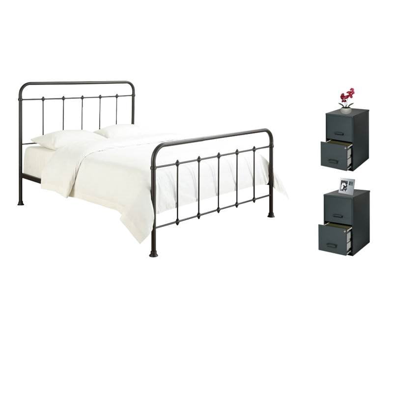 Industrial 3 Piece Metal Bedroom Set With 2 Drawer Bedside Cabinet And Queen Bed Walmart Com