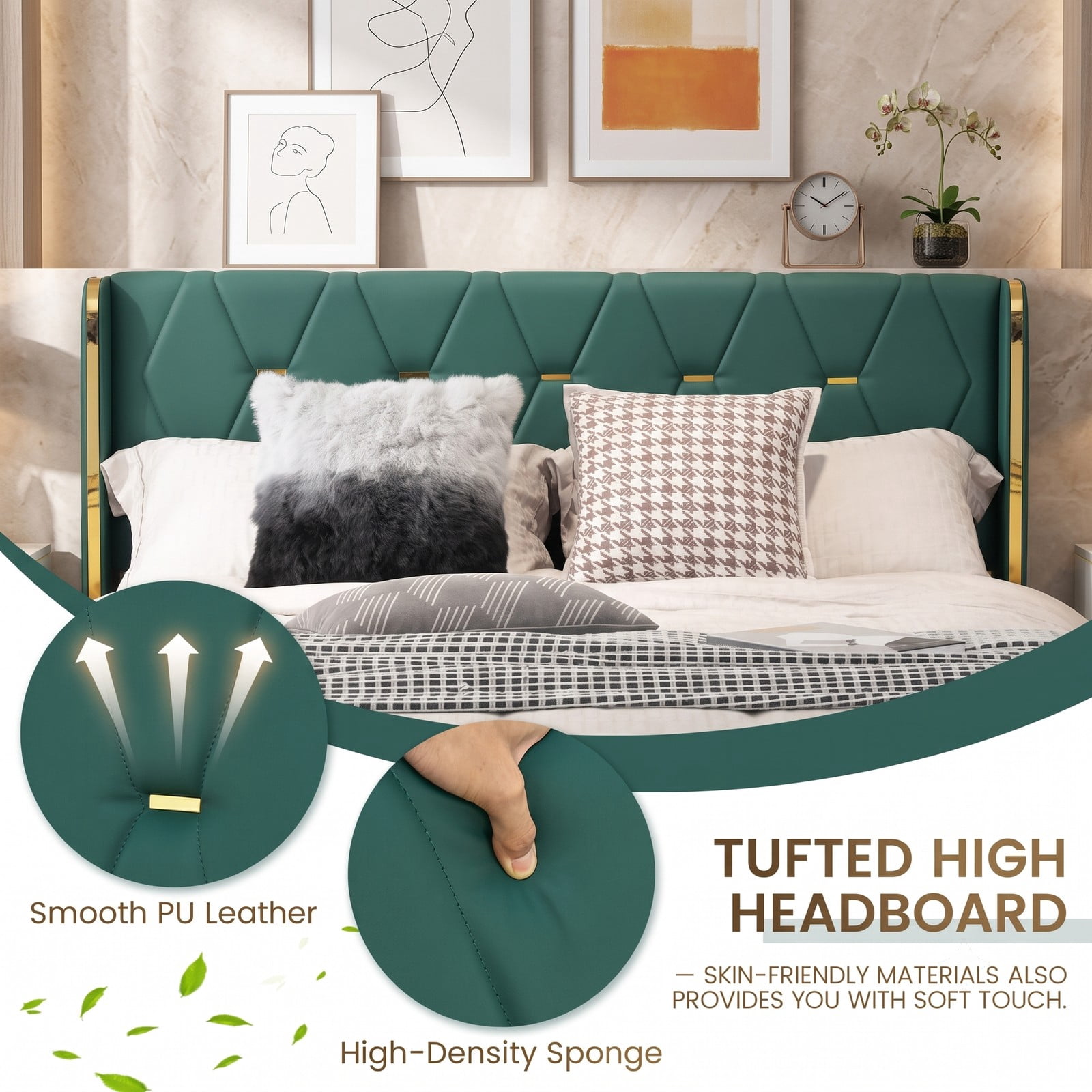 Furnibear Queen Bed Frame with Storage, Upholstered Platform Bed with High Headboard, 4 Storage Drawers and Gold Trim, No Box Spring Needed, Green