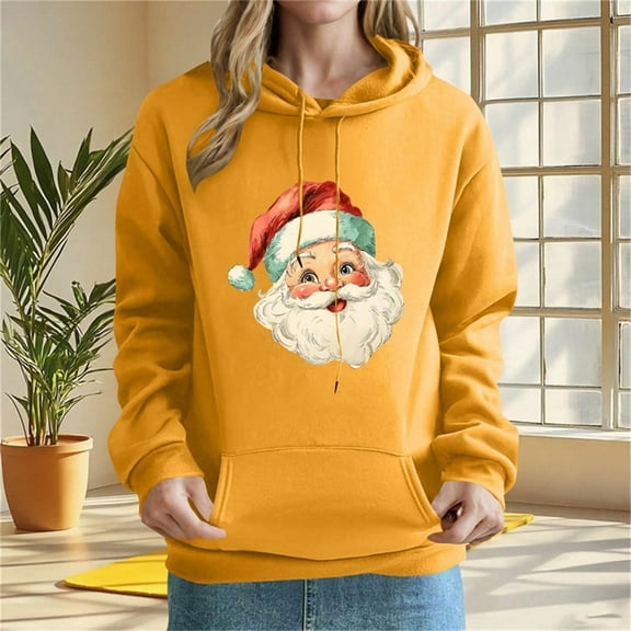 Uootdi Women's Christmas Printed Off Shoulder Sleeves Pocket Long Sleeved Top Hooded Sweatshirt Gift