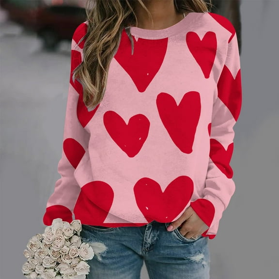 Brilliant Valentines Clothing Womens Hearts Womens Tops 3/4 Sleeve Women Round Neck Long Sleeves Casual Sweatshirts Sweater Pullover Tunic Tops Pink L