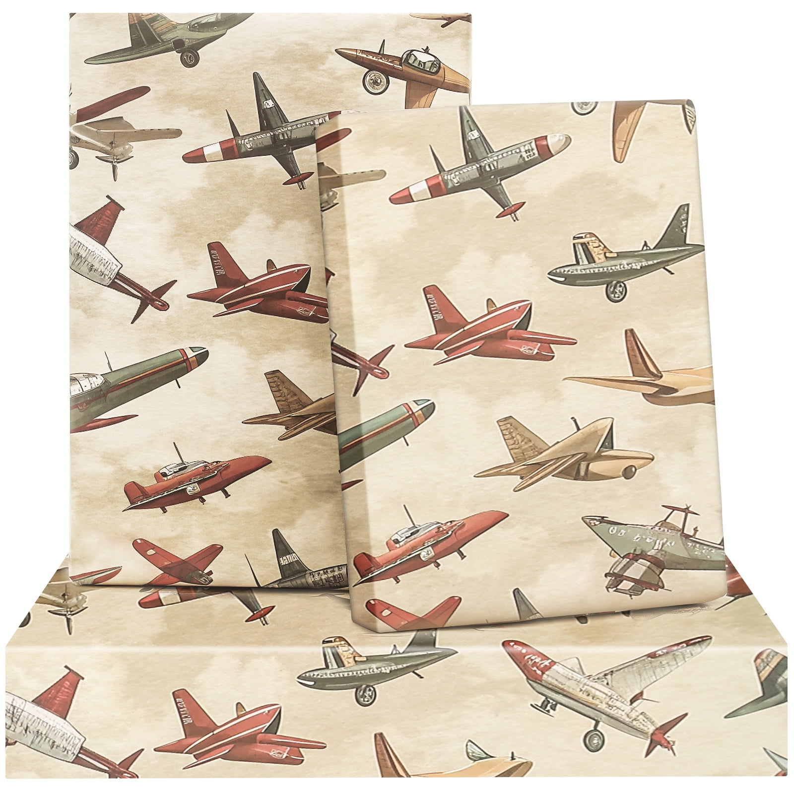 Airplane Wrapping Paper, Vintage FighterJet Military Airplane Themed Wrap Paper, 6 Sheets Folded Flat 20x28 Inches per Sheet, for Boy Men Birthday, Aviation Enthusiasts, Pilots, Veterans
