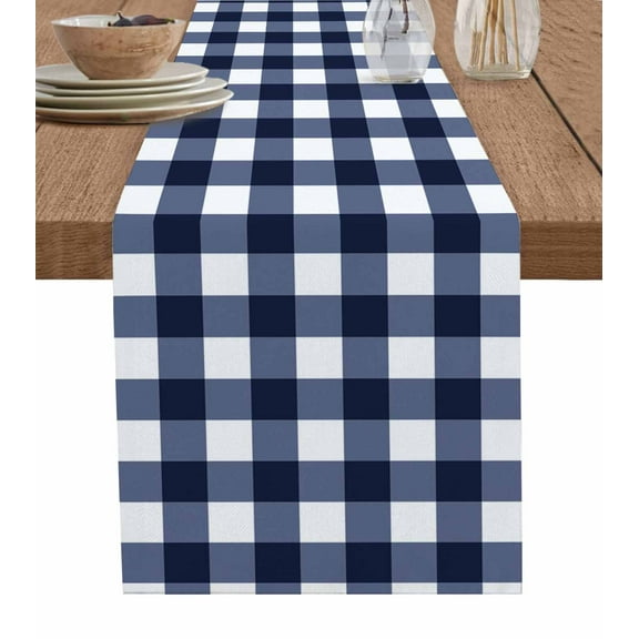 Blue Plaid Table Runner Cotton Linen 108 Inch Holiday Dresser Scarves, Modern Simple Gradient Buffalo Checked Tablerunner for Kitchen Coffee Dining Bedroom Living Room Dinner Scarf Décor 13''x108''