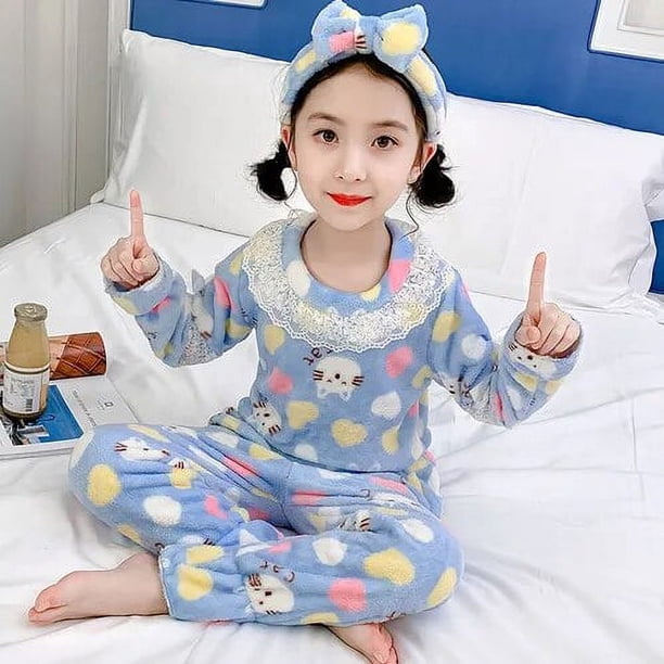 Ropa de casa de lana Coral para otoño e invierno, pijama de franela cálida de manga larga, conjunto de ropa de dormir con estampado bonito para niña, regalo de Navidad