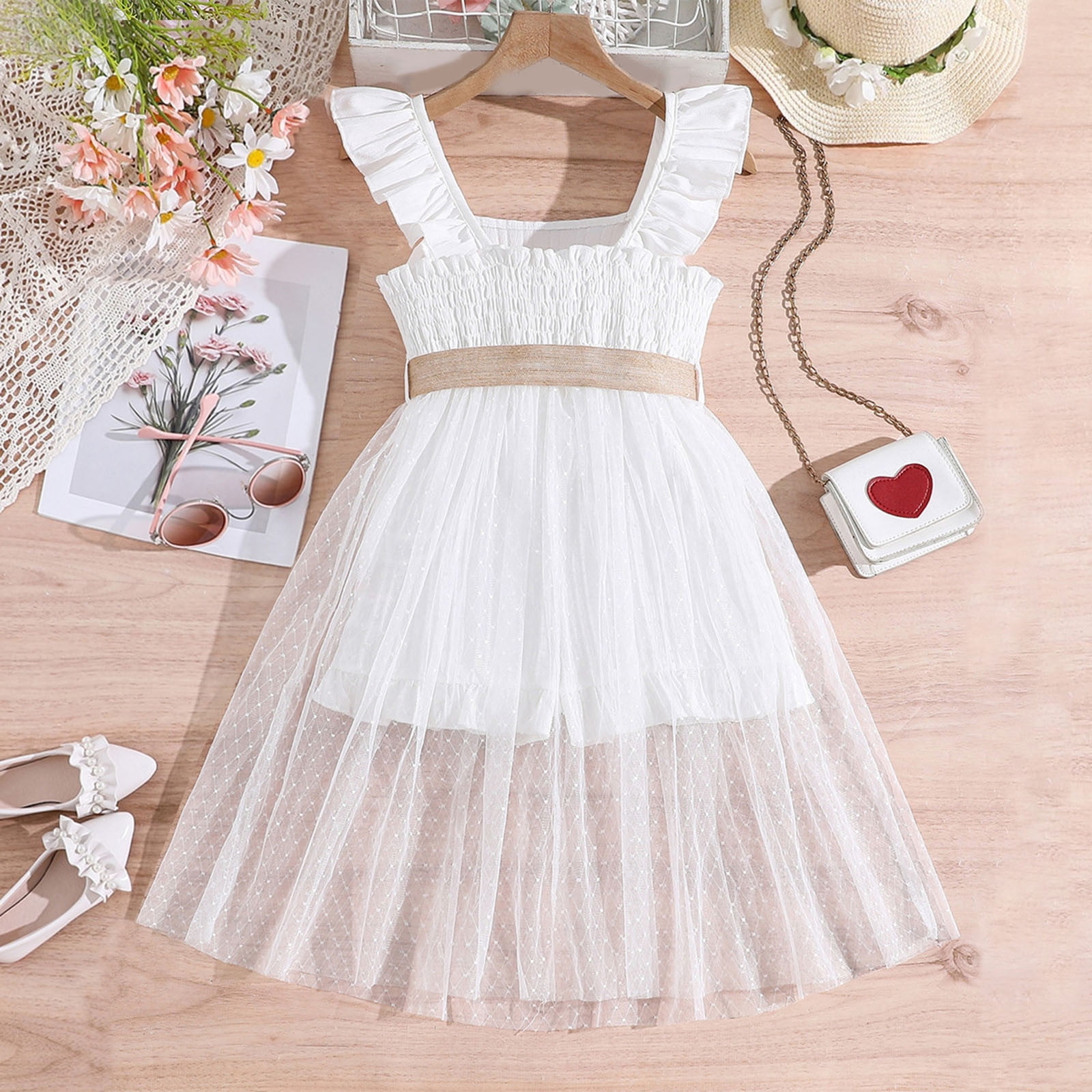 2pcs Toddler Girl Letter Newspaper Print Smocked Slip Dress and Headband Set