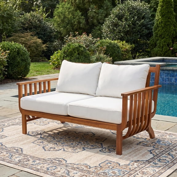 Christopher Knight Home Mid-Century Outdoor Loveseat, Acacia Wood Frame with Cushion, Natural Beige