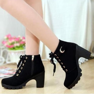 EGNMCR Women's Middle Ankle Boots Women Thick Heel High Heel Shoes Plus Size Lace Up Women Shoes