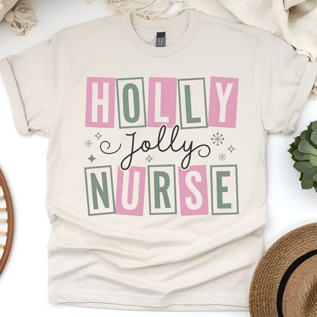 Holly Jolly Nurse Graphic T-Shirt with Fun Letter Design, Natural, Size 2XL