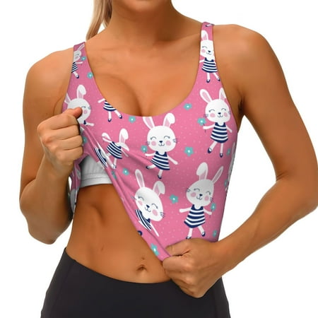 Qokaie Rabbit Holding Flowers Pattern Womens Scoop Neck Sports Bra Breathable Workout Vest Padded U Back Medium Impact Fitness Gym Yoga Bra Workout Crop Top