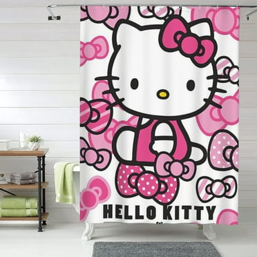 Hello Kitty Shower Curtain, 60 x 72 inch Waterproof Fabric Shower Curtains for Bathroom, Cute Farmhouse Bath Decor Washable Bath Curtain with 12 Hooks