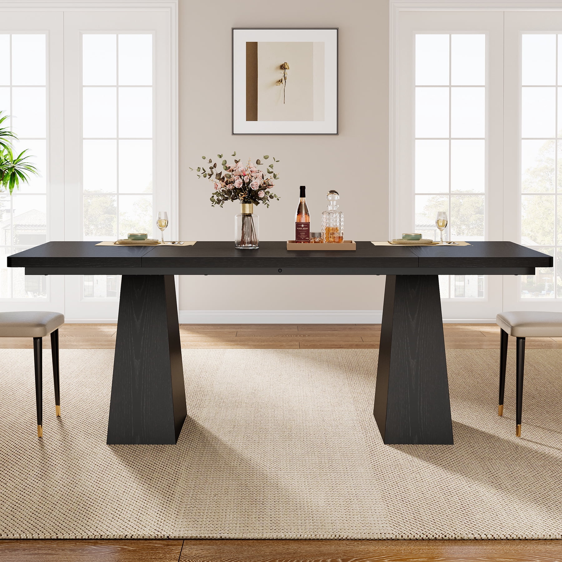 Finmind 63-inch Farmhouse Dining Table for 4-6 People, Modern Wooden Rectangular Kitchen Table for Dining Room, Black