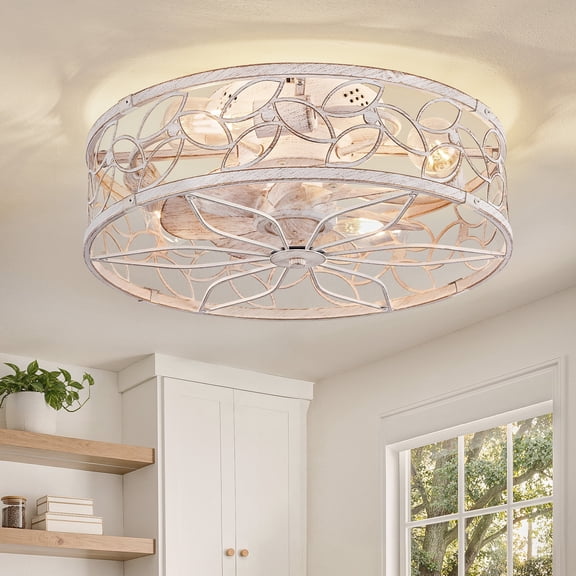 Zardon 18" White Gold Caged Ceiling Fan with Light and Remote Control - Flush Mount Low Profile DC Motor for Bedroom, Kitchen, Dining Room