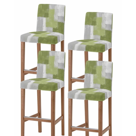 Sage Green Abstract Bar Stool Covers Set of 4, Grey Geometric Oil Painting Vintage Stretch Washable Bar Chair Covers with Backs, Removable Pub Counter Height Chair Cover for Kitchen Dining Room Cafe