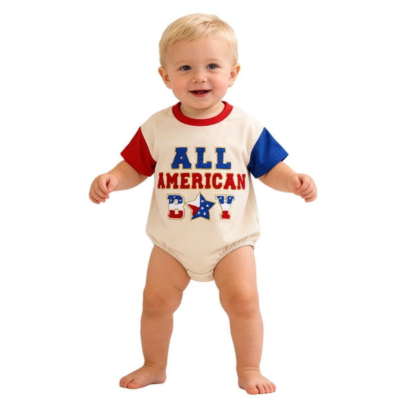 Likimi Baby Girls Boys Bodysuit Patriotic Letter Embroidered Short Sleeve Crew Neck Romper For Independence Day Fashion Casual Jumpsuit Beige Size 6-12 Months