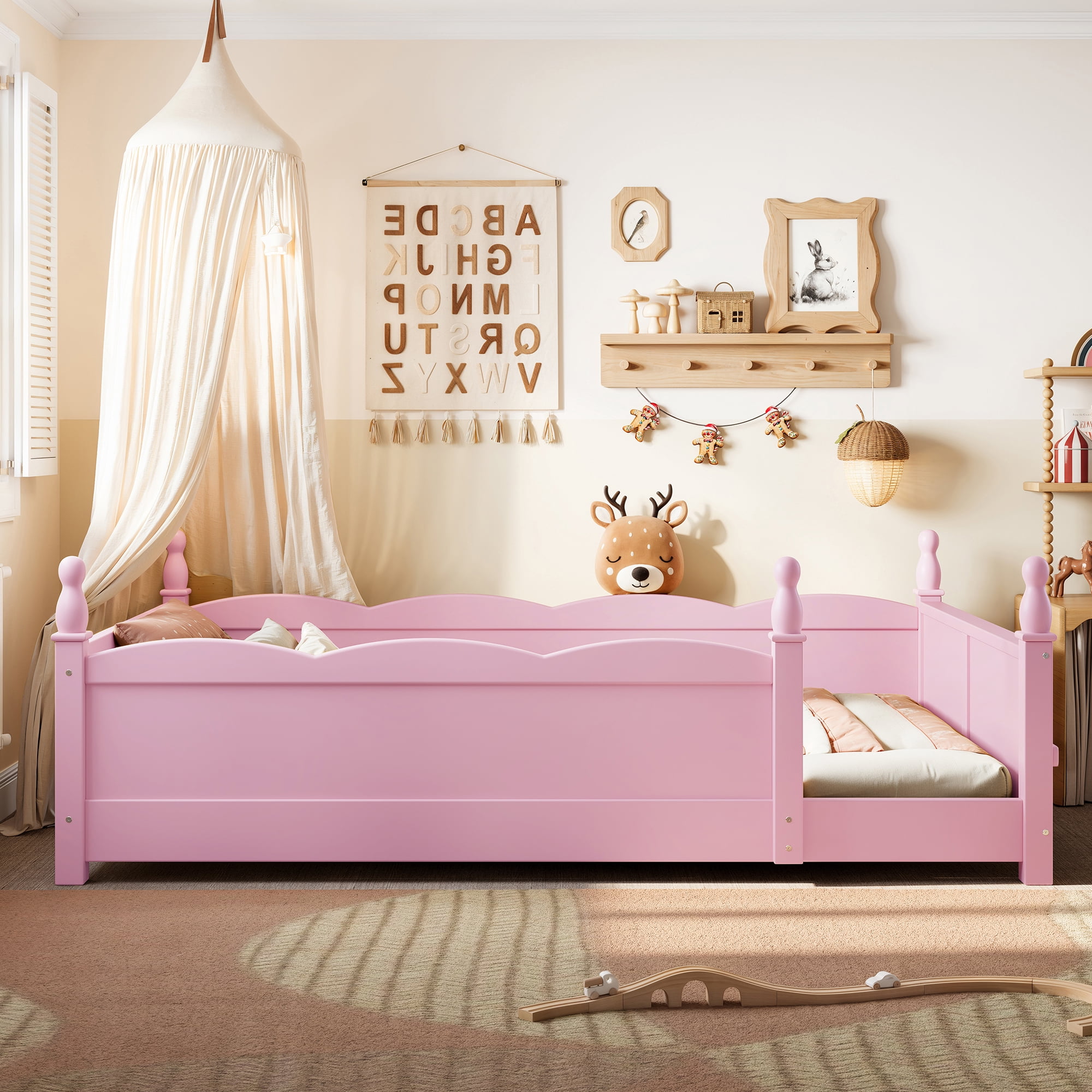 Montessori Twin Floor Bed with Full-Length Guardrails and Bookshelf, Low Profile Kids Bed with Childlike Design, Pink
