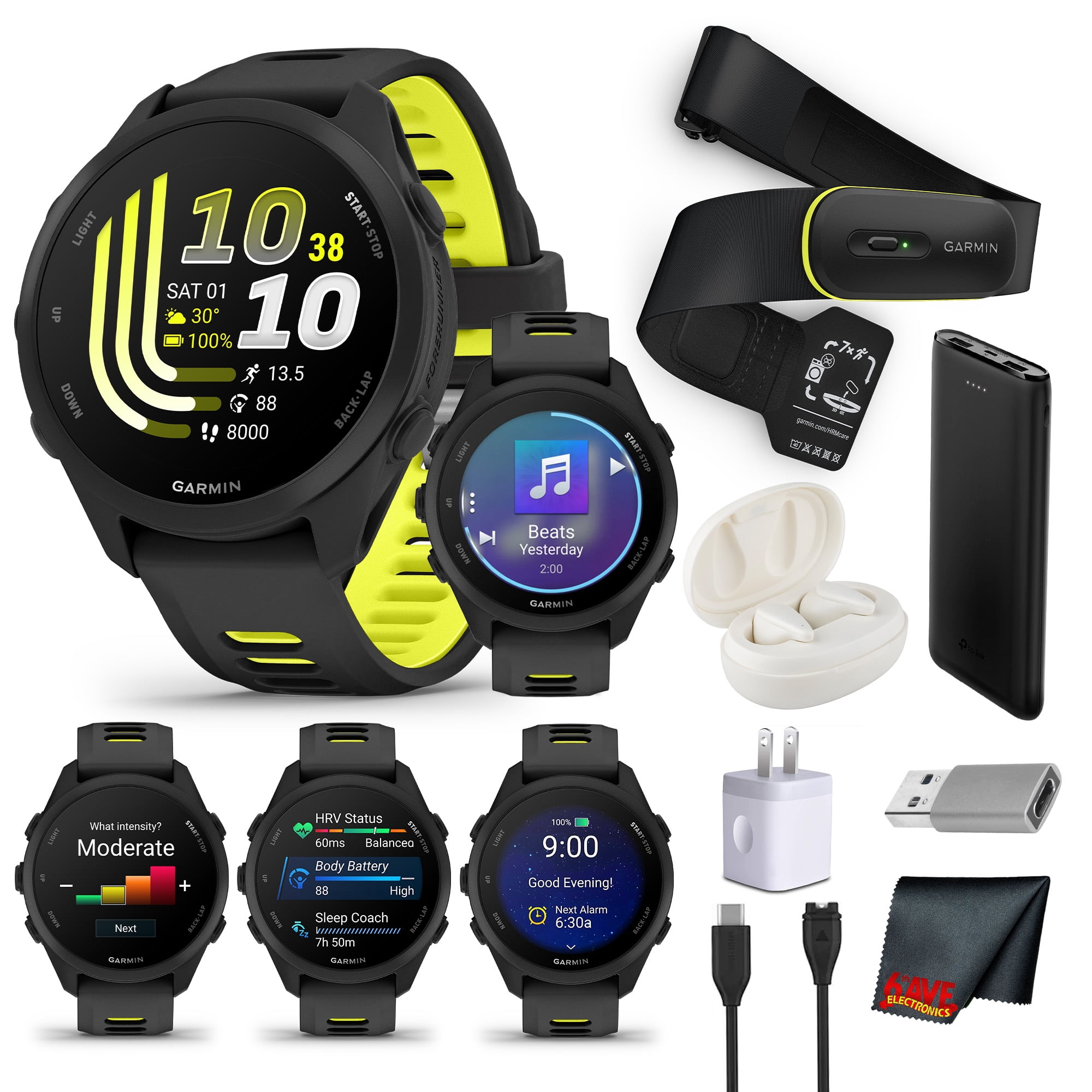Garmin Forerunner 170 Music GPS Running Smartwatch | 1.2" AMOLED, Music Storage, Heart Rate Monitor | Black/Amp Yellow Bundle