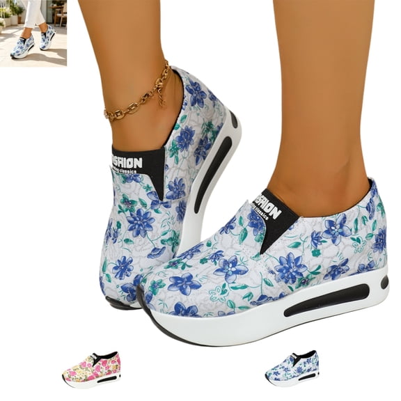 YOUYEDIAN Sneakers for Women Fashion Wedge Block Heel Floral Print Versatile Sneakers Casual Outdoor Non Slip Round Toe Shoes