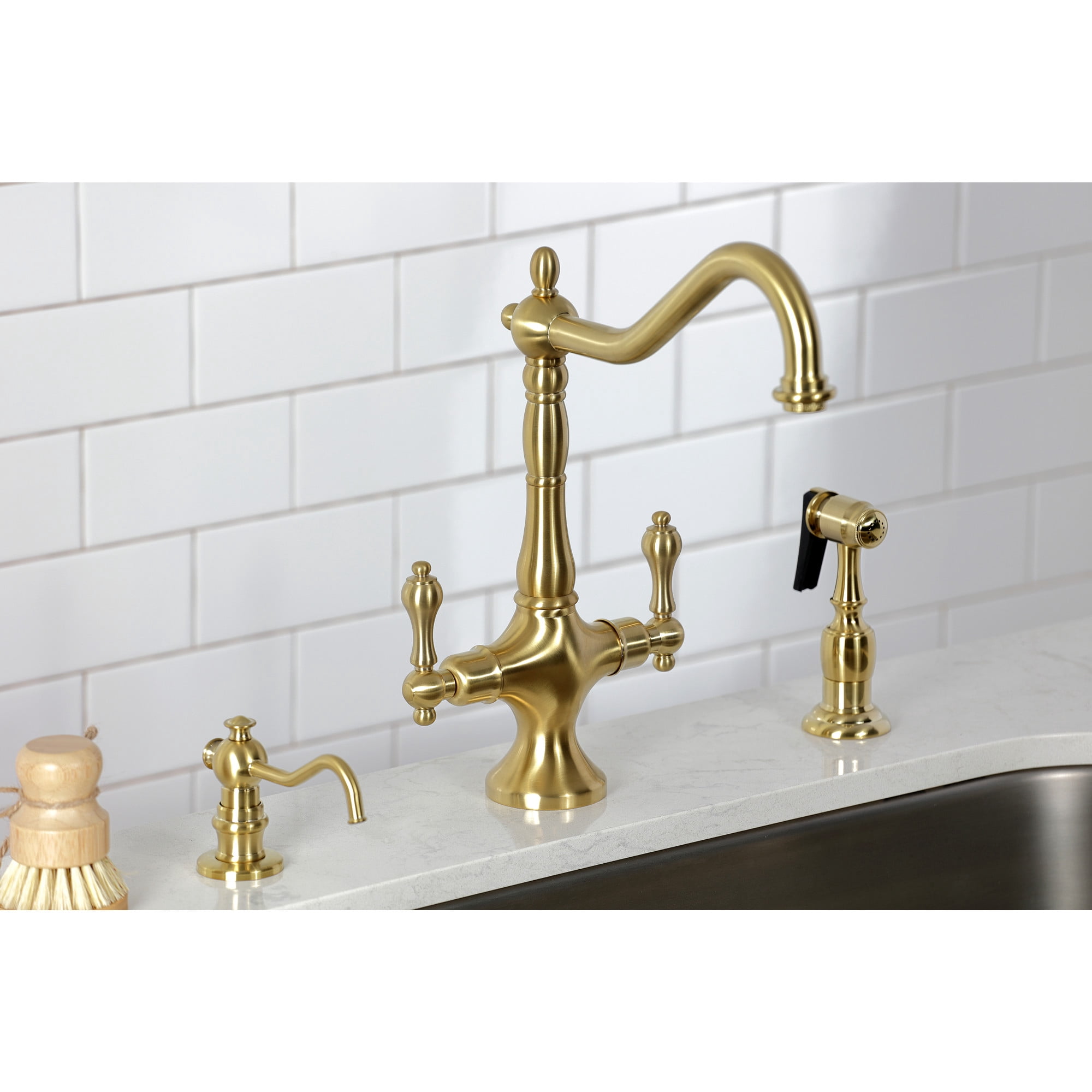 Kingston Brass KS1777ALBS Heritage Two-Handle 2-Hole Kitchen Faucet with Brass Sprayer in Brushed Brass