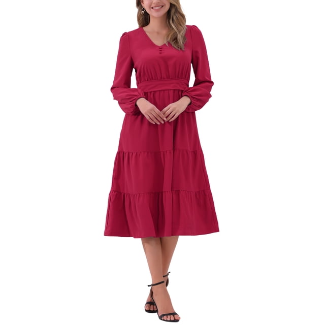 Vestido Midi Casual Elegante de Manga Larga con Volantes y Cuello en V para Mujeres XS Rojo Oscuro