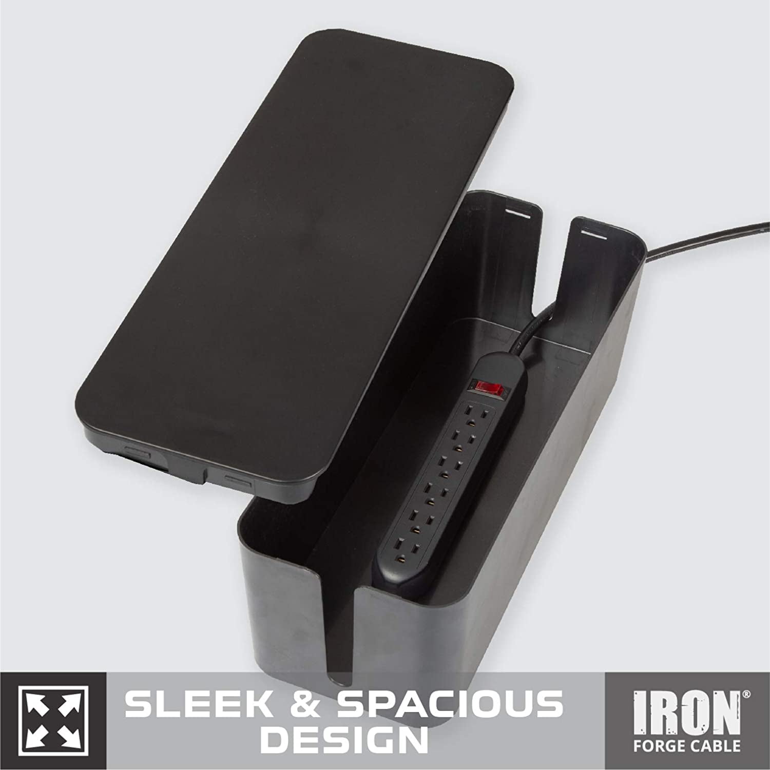 Iron Forge Cable Large Cable Management Box - Black Cord Organizer and Hider for Wires, Power Strips, Surge Protectors & More - Includes Cable Sleeve, Hook and Loop Keepers, Zip Ties & Clips