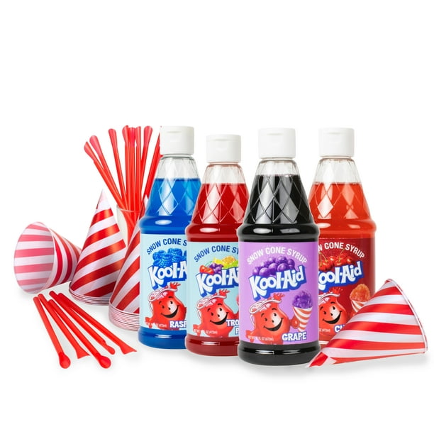 KoolAid Snow Cone Syrup Kit with 20 Strip cups & straws and 16Ounce Snow Cone Syrups (Cherry