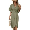 thumbnail image 2 of Robes à Manches Courtes pour Femmes Col en V Plissées Coupe Ajustée Fluide Évasée Droite Irrégulière Robe Midi Vert Militaire S, 2 of 10