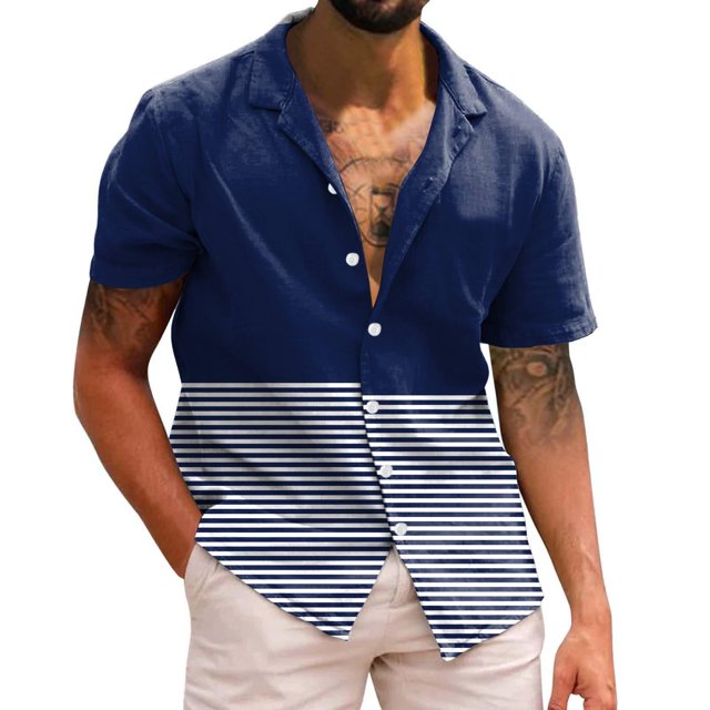 Camisas Deportivas Hombre Hombres Casual Manga corta Primavera Verano Turndown Neck 3D Impreso Camisas Moda Top Blusa Camisas (Navy, S)