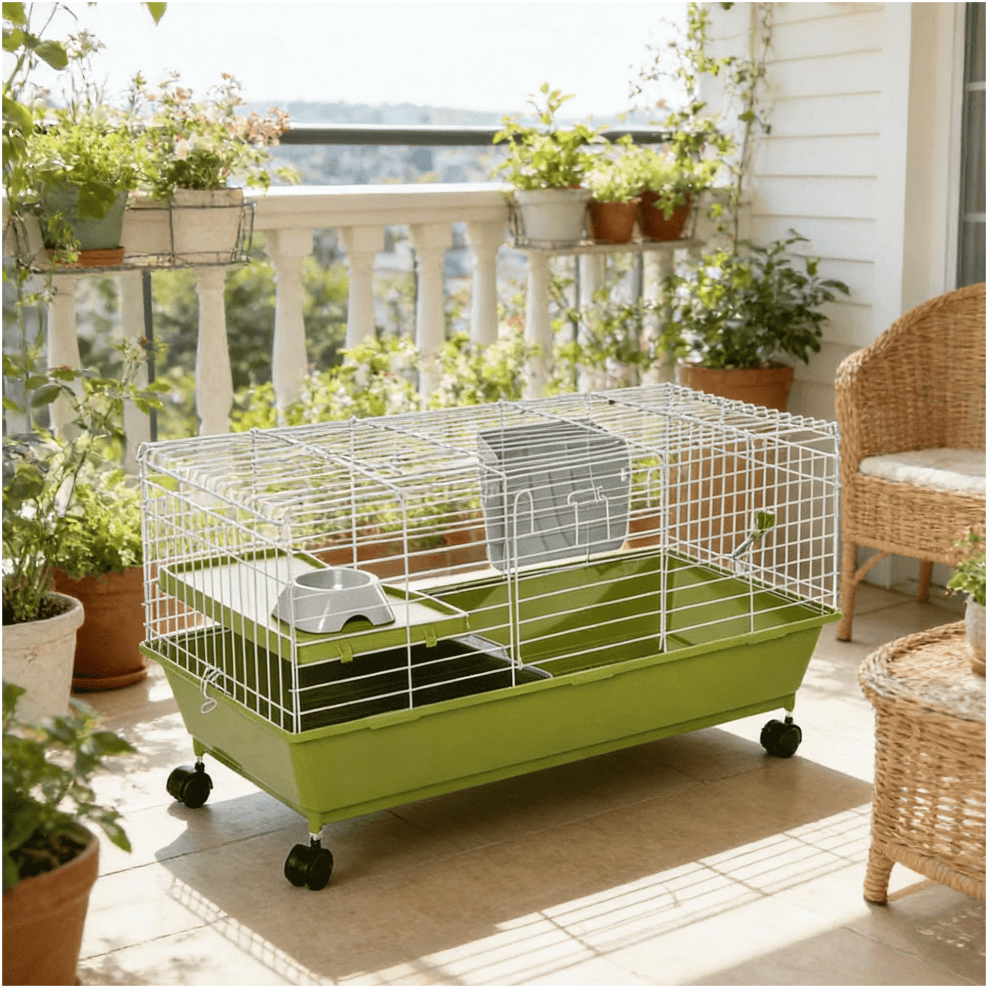 JERFIT Small Animal Cage with Wheels and Brakes for Guinea Pig, Chinchilla, Rabbit - Green Steel Wire Enclosure with Ramp, Platform, Hay Feeder, Water Bottle, Food Dish