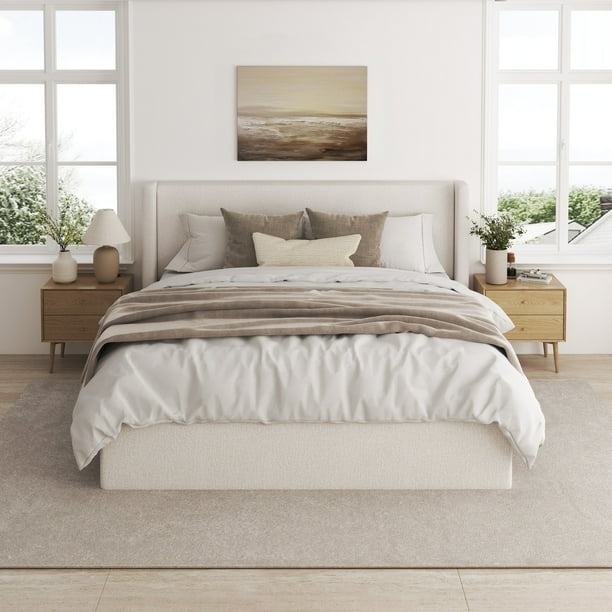 Aura Beige Buttercream Upholstered King Size Bed Frame With Storage, Upholstered Headboard, Modern Wingback Design Bed, Metal King Bed Frame with High Headboard