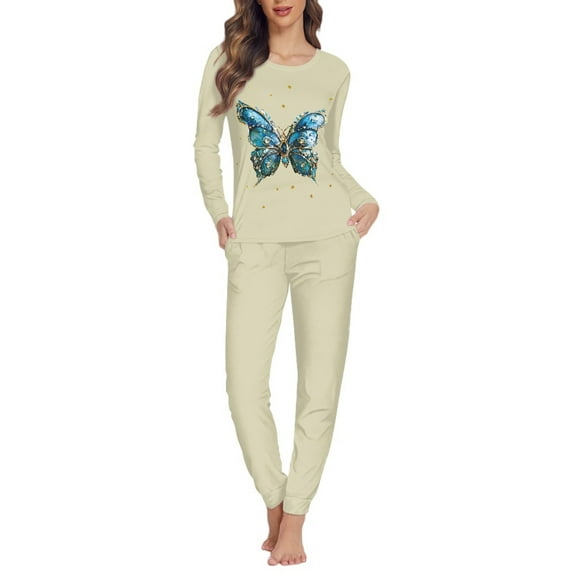 FOR U DESIGNS Vintage Butterfly Pajama Set for Women Fall Long Sleeve with Pockets Women 2 Pack Size XS Ladies Sleepwear Pants Set Long Crew Neck Tops for Women