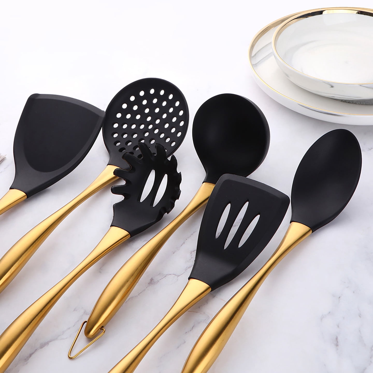 Silicone Cooking Utensils Set, 6-Piece Non-Stick Kitchen Utensil Set with Titanium Stainless Steel Handles & Holder, Spatula, Spoon, Tongs for Baking, Grilling & Frying - Dishwasher Safe,  Rainbow