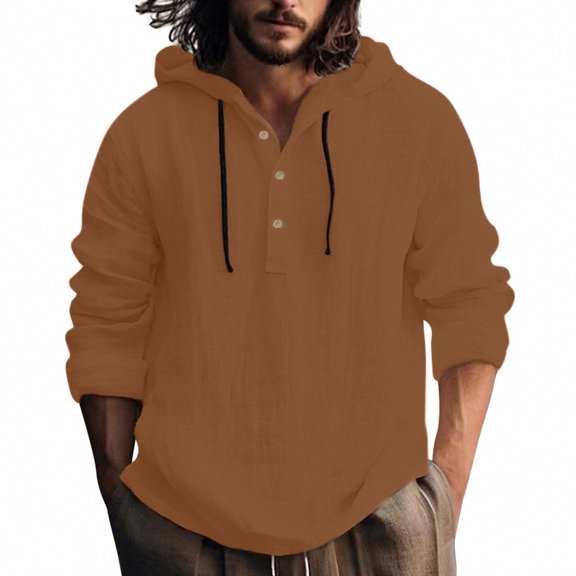 Linen Shirts for Men Lightweight Long Sleeve Shirts with Hood Loose Fit Breathable Boho Beach Linen Hoodie