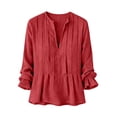 thumbnail image 4 of Endives Womens Cotton Linen Shirt Long Sleeve Shirt Button Down Shirts V Neck Pleated Casual Loose Blouses Roll Up Sleeve Shirt, 4 of 4