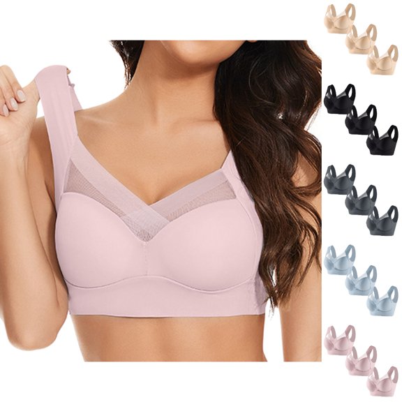 GPOECD 3PC Wireless Bras for Women Lace Tank Top Underwear Thin Side Fold Side Gather Adjustable Bra Comfort Bras for Women Underwire,Pink,XXXXL