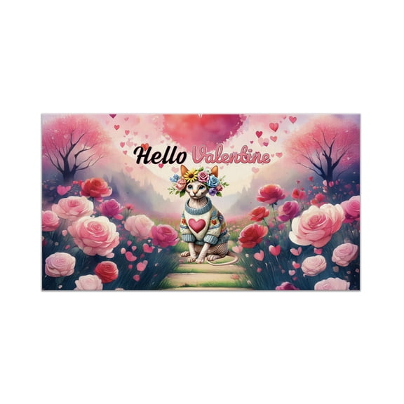 Hello Valentine’s Day Sphynx Flower Crown Romantic Pink Floral Doormat Cat Lover Kitten Owner Gifts Idea Indoor Outdoor Welcome Mat - 00031