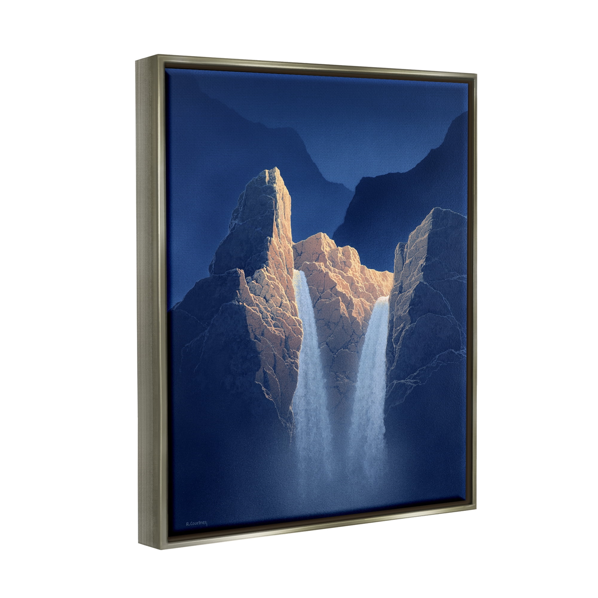 Stupell Two Waterfalls Nighttime Peaks Landscape Painting Gray Floater Framed Art Print Wall Art