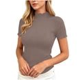 thumbnail image 5 of ClodeEU Women's Ribbed Knit Mock Neck T-Shirt, Short Sleeve Fitted Basic Top Brown,Women's Plus S, 5 of 9