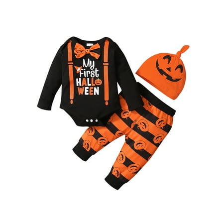 

elfinBE Unisex Baby Halloween Long Sleeve Printed Romper Pants And Hat 3PCs Outfits Set 0-18M