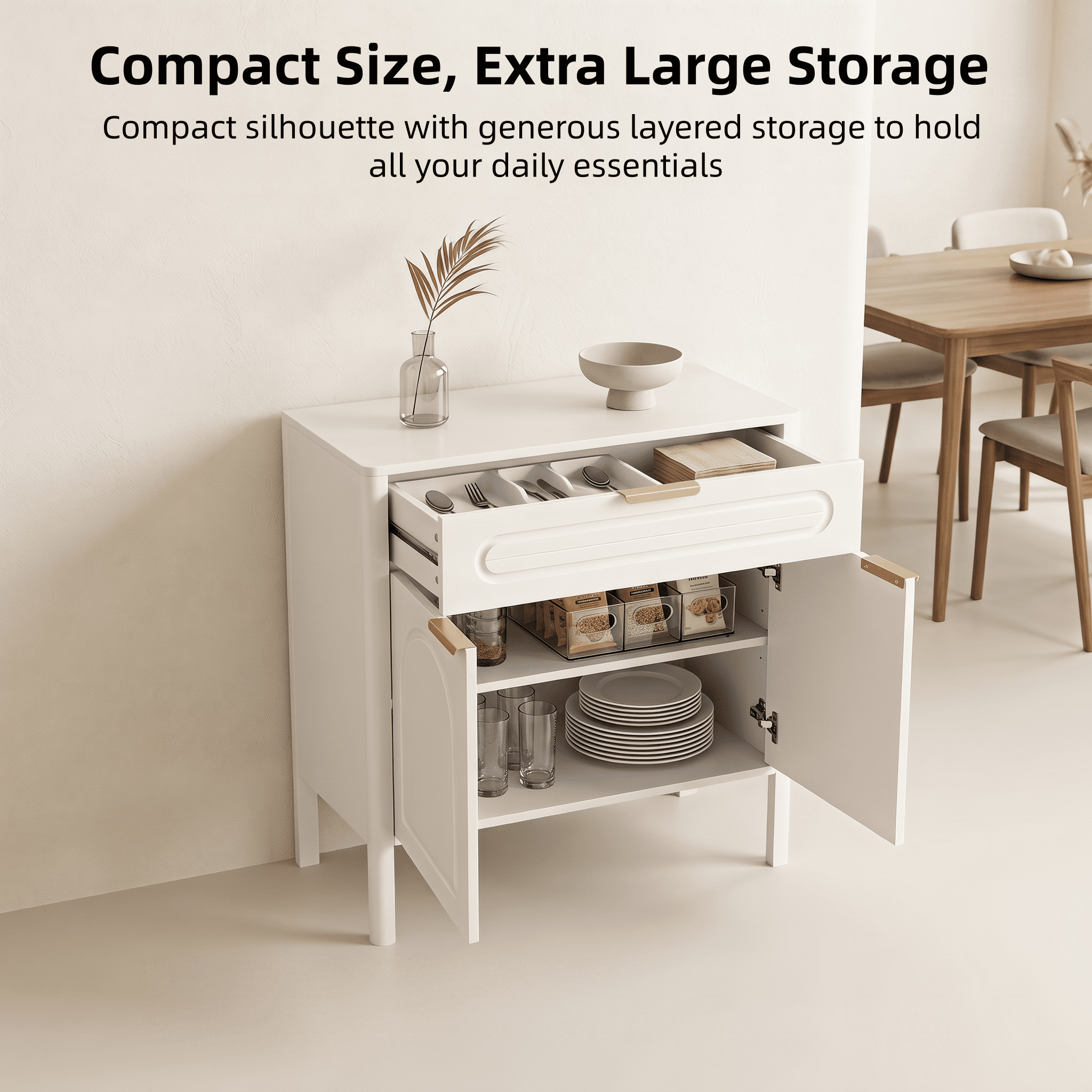 GARITIN Arched Accent Storage Cabinet 29.5 Inch, Freestanding Sideboard Buffet with Drawer and Gold Metal Handles for Entryway Living Room, White