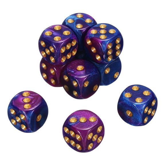 10 Pack 6 Sided Standard Dice, 2 Colors Acrylic D6 Mini Polyhedral Pearl Pattern Game Dice Set for Table Games or Math Learning, Purple and Blue/Gold Point