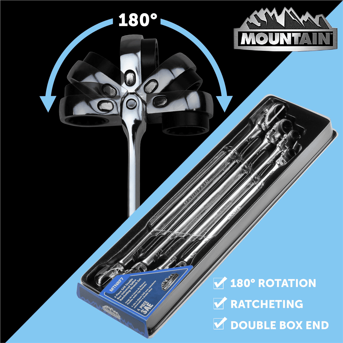 Mountain RF7 Extra Long Flexible Ratcheting Wrench Set 90 Tooth with Tray