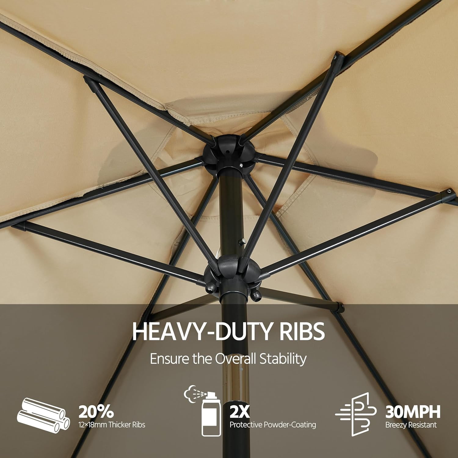 Themis 7.5FT Patio Umbrella Market Umbrella with 6 Ribs Push Button Tilt and Crank Garden Table Umbrella for Garden, Deck, Backyard, Pool, Beach Tan