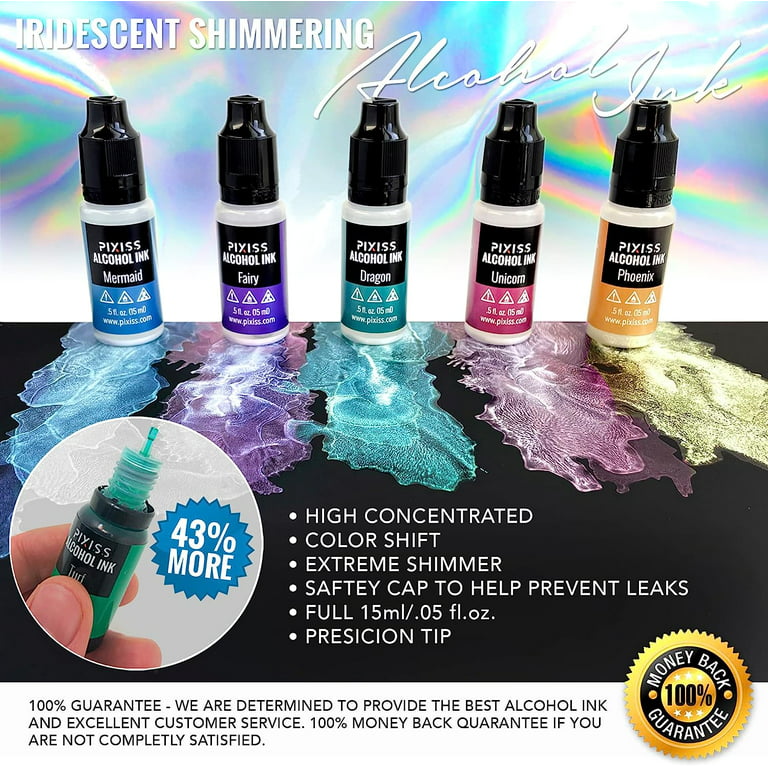 Pixiss Iridescent Color Changing Alcohol Ink Set - 5 Shades of Alcohol Ink for Epoxy Resin Supplies, Yupo Paper, Tumblers, Coasters - Resin Colorant