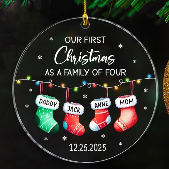 Our First Christmas As A Family of 4 Ornaments Gift For Dad Mom & 2 Kids, 1st Xmas As A Family of Four Ornament 2025, 1st Xmas Family of 4 Stockings Ornaments,Custom Names Family Ornament