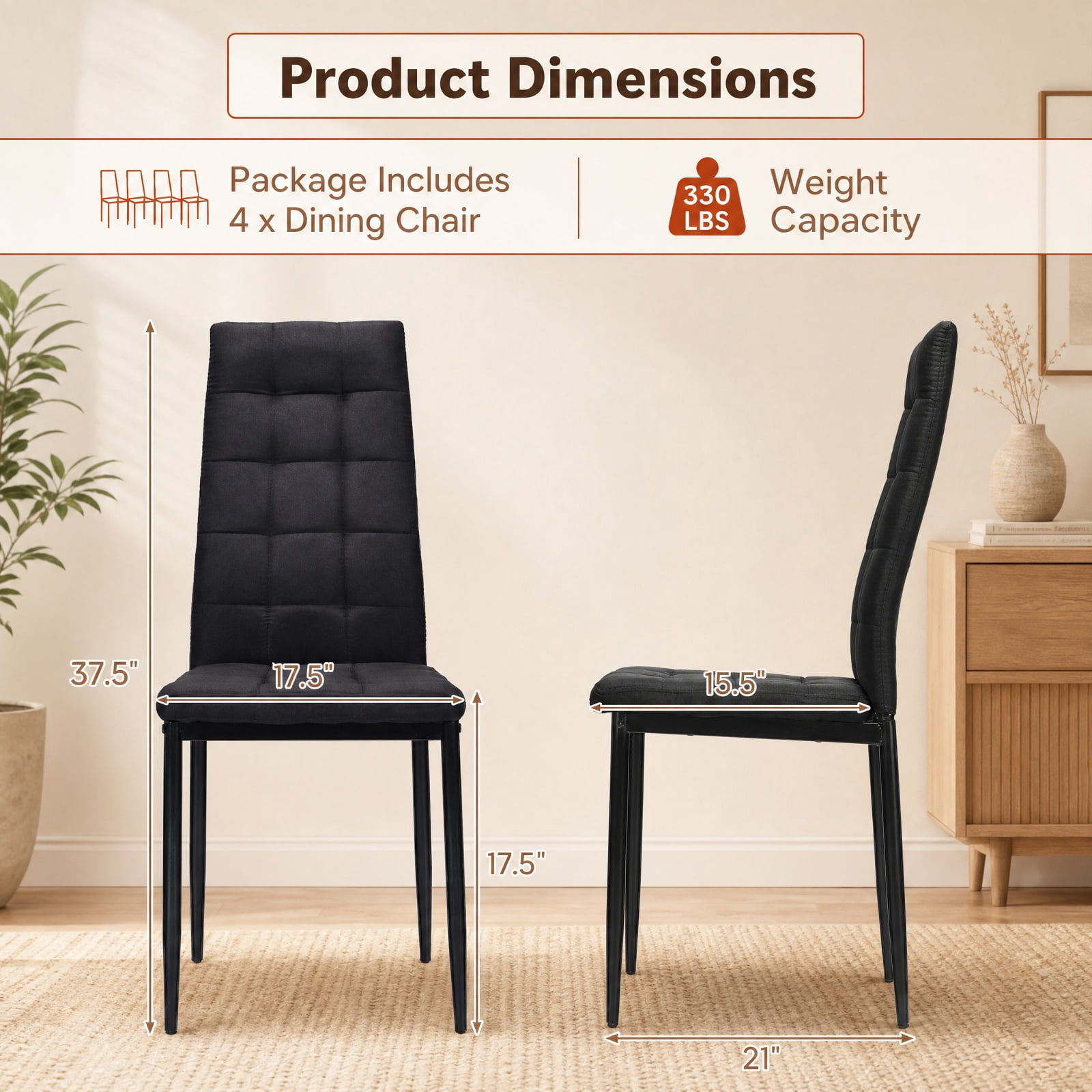 Furnibear Upholstered Dining Chairs Set of 4 with Padded Fabric Cushion and High Back for Kitchen and Dining Room Seating, Black