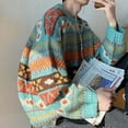 thumbnail image 5 of Norvella Mens Fair Isle Sweater Geometric Striped Pattern Crew Neck Long Sleeve Drop Shoulder Pullover Ribbed Relaxed Fit Top, 5 of 8