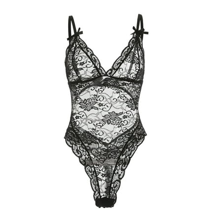 

ERTUTUYI Women Lace Up Teddy Lingerie Bodysuit Floral Embroidered Stretchy Mesh Sheer Cut Out