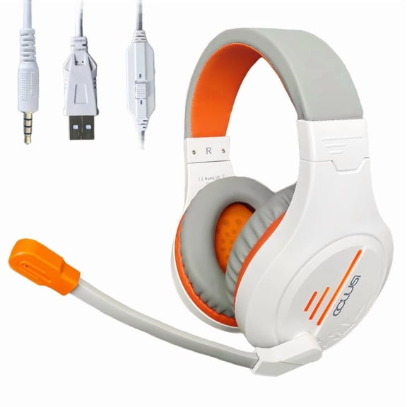 C100 Gaming Headset, Stereo Bass Surround, Blue Light - Over Ear Headphones with Mic, for PS4 PS5 Xbox One PC Nintendo Switch Tablet Laptop - White with Orange