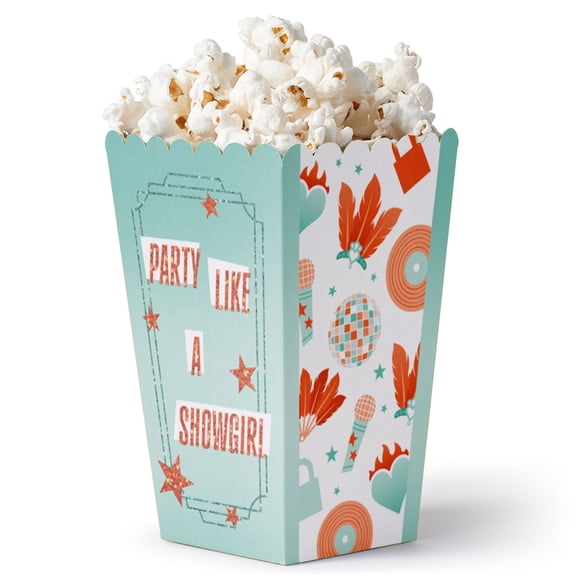 Big Dot of Happiness The Life of a Party Popcorn Boxes, Party Like a Showgirl Favor Paper Containers, Orange & Green Pop Star Treat Boxes for Birthday or Bachelorette - Set of 12