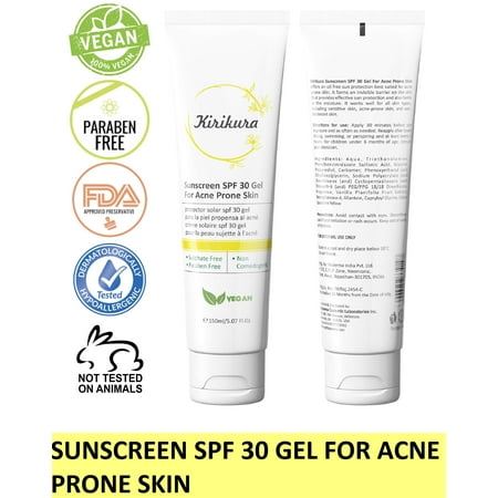 KIRIKURA Vegan Sunscreen Broad Spectrum, UVA/UVB, SPF 30, Oil Free, Transparent Moisturising Gel for Acne Prone (The Best Sunscreen For Acne Prone Skin)