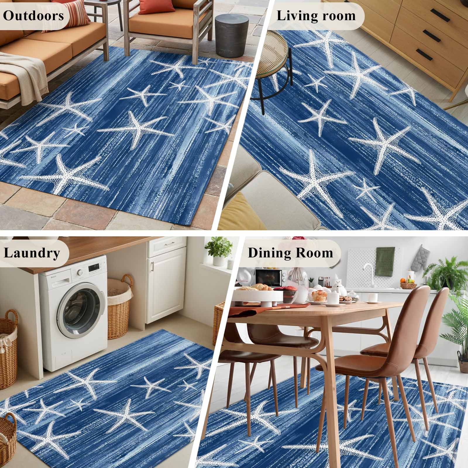 Navy Blue Coastal Area Rugs 3'x5', Washable Small Throw Rugs for Living Room Bedroom, Summer Ocean Waves Ombre Sea Starfish Indoor Outdoor Rug Non-Slip Low Pile Carpet Runner Reversible Floor Mats